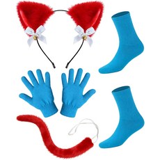 할로윈 월드 북 데이 드레스업을 위한 레드 폭스 헤드밴드 테일 블루 장갑 양말을 포함한 QLINLEAP 4PCS 의상 액세서리 키트