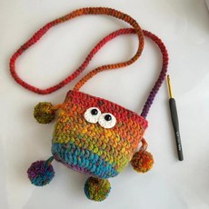 臺灣*出貨 春日出遊親子鉤織斜挎包DIY材料包自制小怪獸手工鉤織斜挎手提包, 熱賣色材料包+工具+教程,成人版【約16.5*21.5cm】, 1個