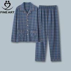 FINE ART 남성 빅사이즈 춘추 잠옷 긴팔 루즈핏 체크 컴포트 홈웨어 남자 잠옷