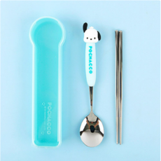 산리오 피규어 숟가락 젓가락 세트-포차코 유아 어린이 숟가락 젓가락 케이스 세트, 1개, 그린