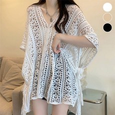 비치커버업 그물 여름수영복 펀칭 니트 비키니 브이넥