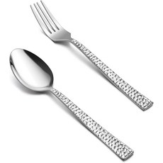 Haware 24피스 포크 및 스푼8인치 실버웨어 세트 가정 주방 레스토랑을 위한 180 스테인리스 스틸 서빙 플랫웨어 커틀러 미러 폴리싱 식기세척기 안전, Hammered, 24 pieces