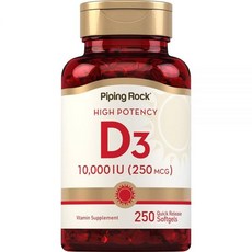 Piping Rock 비타민 D3 10000 IU | 250mcg | 소프트젤 250개 | 고효능 | GMO 프리 및 글루텐 프리 보충제, 1개, 250