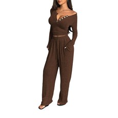 여성용 라운지 세트 투피스 의상 주름 장식 긴소매 크롭 탑 및 와이드 레그 팬츠 매칭 세트 여성용 의류 회색. L