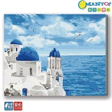 MANTO!數字油畫 大尺寸50x65cm 釘好內框 櫻花富士山風景 居家裝飾 療癒繪畫, 藍白．聖托里尼, 1套