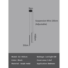 현대 미니멀리스트 LED 거실 커피 침실 머리맡 샹들리에 펜던트 조명 램프 비품 장식, 2PC D2 H50cm Bla, Neutral light 4000K, 1개