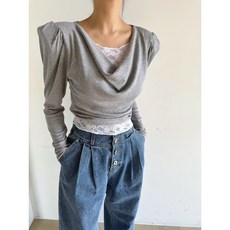 봄 여성용 레이스 배색 디자인 긴소매 티셔츠 상의