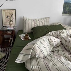 1挪威森林復古水洗棉條紋牀單牀袋條紋綠色 萬安/, 1個, 全新定製版,105cm單人/單人加大