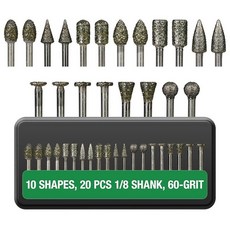 Staten Tools 60그릿 다이아몬드 버 비트 20개 0.3cm(1/8인치) 섕크 - 스톤 유리 세라믹 및 금속 그라인딩 조각 및 쉐이핑을 위한 Dremel 회전