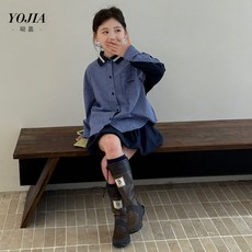YOJIA 女童格紋拼接襯衫，學院風兒童秋裝上衣