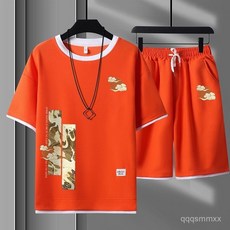 夏季套裝男士 青少年 中國風 寬鬆 男士短袖T恤短褲一整套 潮牌 短袖短褲兩件套 五分袖五分褲套裝 BF風 運動休閒套裝