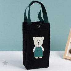 디자인 휴대용 캐릭터 파우치 검정 천 소재 자수 보온병 외출용 달린 손잡이 보관, 1개, 베이지