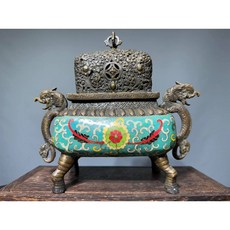銅鎏金掐絲琺瑯龍耳香爐，花卉紋飾，居家擺件, 2個
