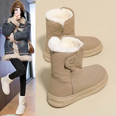 女款中筒防滑防水雪地靴，加絨保暖大尺碼戶外登山雪地鞋, 卡其