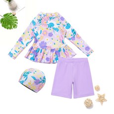 DFMEI 新款兒童女童粉色可愛紫藤花裙防曬速幹長袖分體衝浪泳裝