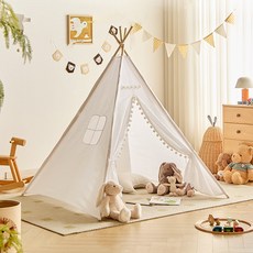 SeekFun 인디언 놀이 텐트 원목 린넨 놀이집 실내 인스타 감성 플레이 하우스 삼각형 튼튼한 홈 인테리어 세탁 가능, 베이지색 (S), 1개
