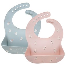 Little Dimsum베이비 방수 자기주도 이유식 실리콘 턱받이 2P 세트, 핑크+블루, 1세트, 2개입