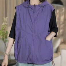 여성 봄가을 후드 베스트 캐주얼 루즈핏 포켓 민소매 얇은 조끼 집엄자켓 빅사이즈