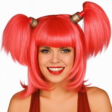 파티처럼 할로윈 파티소품 파티가발 미디움 롱헤어 [네온핑크 양갈래], 1개