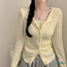 쪼예 레이어드 일체형 레이스 리본 나시 긴팔 가디건 티셔츠