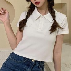 데일리 티셔츠 여성 크롭 캐주얼 기본 카라 반팔티 (), 화이트