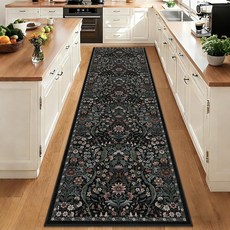 3x12 Washable Runner Rug Black Floral Long Rugs for Hallway Low-Pile Non-Slip Stain Resistant Boho, 블랙