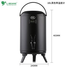 스테인레스 스틸 밀크티 절연 버킷 상업용 대용량 콜드 더블 레이어 두유 음료 온도계 차 음료 절연 버킷, 온도계가 있는 10L 검정