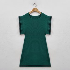 女款荷葉邊撞色方領針織傘狀連身裙, 綠色