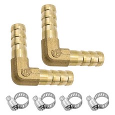 Joyangy 0.6cm(1/4인치) 황동 호스 바브 90도 엘보 2개 L 모양 직각 피팅 커넥터 연료 에어 워터 오일 가스용 클램프 4개 포함 (6mm), 5/16 Inch