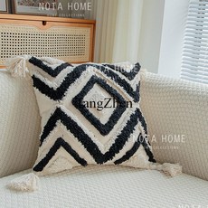 【TangZhen】등받이쿠션 허리쿠션 베개 인디언 흑백 미로 시리즈, 단독 쿠션 커버, 라인 마름모 블랙 45*45cm, 1개