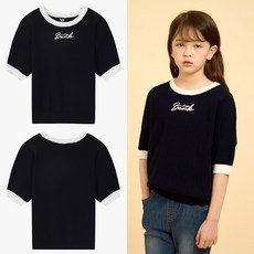 인디고키즈 중계점 *이월S/S 특가BIGSALE* 깔끔한 색상 소매 카라 배색 디자인 단정한 스타일 니트 8~13세 배색 포인트 반팔 풀오버 스웨터 (네이비) IKKA24301