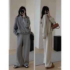早秋連帽衛衣套裝慵懶風綿羊絨休閒運動套裝女冬季加絨保暖立領衛衣大學闊腿褲兩件套潮