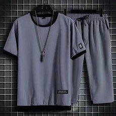 AREVI여름 남성 트레이닝복 세트 심플 초슬림 통기성 쿨감 캐주얼 빅사이즈 라운드 라운드넥 반팔 7부 바지 세트