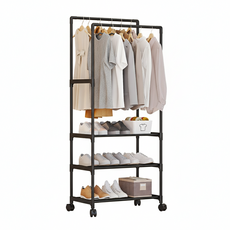 好的家居 多層雙桿帶輪衣帽架 - 簡易落地掛衣架/曬衣架/吊衣架 - 租屋族必備, 黑色