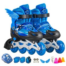 兒童溜冰鞋套裝，附帶全套護具、可調節尺寸、PU輪、翅膀造型，黃色, 藍色直排輪+護具頭盔M號(超取只能1組), 1個