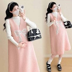 임산부 겨울 티셔츠 + 원피스 세트 캐주얼 코디 편안한 스타일 귀여운 룩 YLP