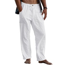 Gafeng 남성용 리넨 팬츠 요가 비치 루즈핏 캐주얼 신축성 있는 허리 드로스트링 여름 하렘 배기 바지 주머니 포함 아미 그린. L 143206