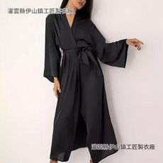歐美新款長款色丁睡袍新娘晨袍開衫薄款浴袍女睡衣