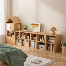 AUAG 兒童書架落地置物櫃 敎室學生收納儲物櫃 床尾靠墻組閤格子櫃矮書櫃, 暖白色,帶腿組合款206*24*123CM, 1個