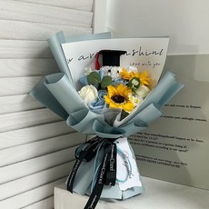 畢業花束 向日葵小熊永生花束, 天藍色送禮物袋, 1件