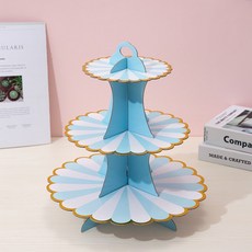 三層蛋糕架點心架：金色歐式點心盤，適用於派對、聖誕，亦可用於壽桃塔拜拜, 1個, 藍線條