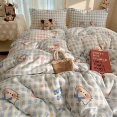 秋冬卡通加厚泡泡絨牛奶絨四件套2025新款冬季雙麵珊瑚絨床單被套, 費爾島小狗【A類牛奶絨親膚無靜電】,套-【被套150x200cm床單180*