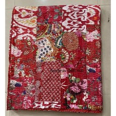 레드 핸드블록 프린트 멀티 플로럴 모듬 코튼 패치워크 칸타 퀼트 홈 장식 핸드메이드 패치 킹 사이즈 보헤미안 침구 던지기 담요 빈티지 (60X90인치), 60X90인치