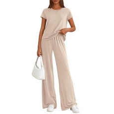 PRETTYGARDEN Women's 2026 Summer 2 Piece Matching Lounge Sets Short Sleeve Shirts Tops Wide Leg Pa, Beige