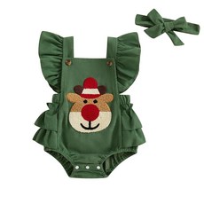 Rarjuiey My First Christmas 여아용 의상 신생아 루돌프 버블 롬퍼 오버롤 러플 우주복 코듀로이 옷 루돌프 그린 9-12개월
