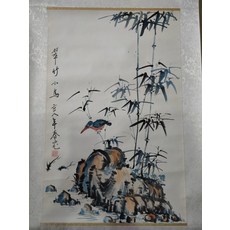 出竹石翠鳥圖 手繪寫意花鳥畫 卷軸裝裱, 參考詳情頁