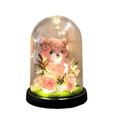 小熊玩偶永生花玫瑰花束 情人節生日禮物, 粉紅熊(無禮袋)