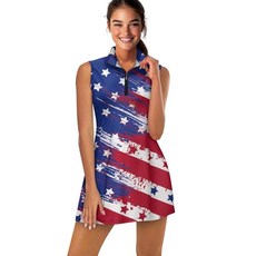 Jekioweii 여성용 지퍼 칼라 테니스 드레스 민소매 내장 반바지 골프 운동 포켓 포함 미국 국기 XL