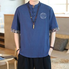 男士中國風棉麻盤扣立領短袖恤, 1個, MY51-藏青【收藏優先發貨】3XL建議150斤-165斤