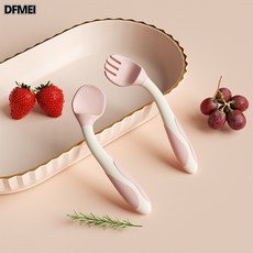DFMEI 寶寶學吃飯訓練勺子彎頭叉勺訓練套裝嬰兒輔食勺彎曲兒童餐具, 1個, 如圖, 粉色(一對)